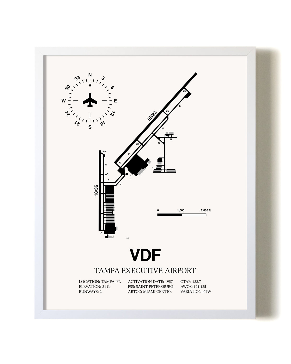 Tampa Executive Airport airport map poster in oak frame