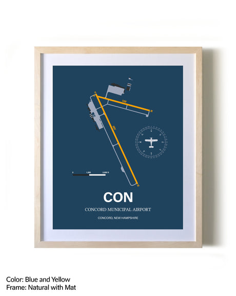 Concord Municipal Airport framed print in natural wood frame with mat