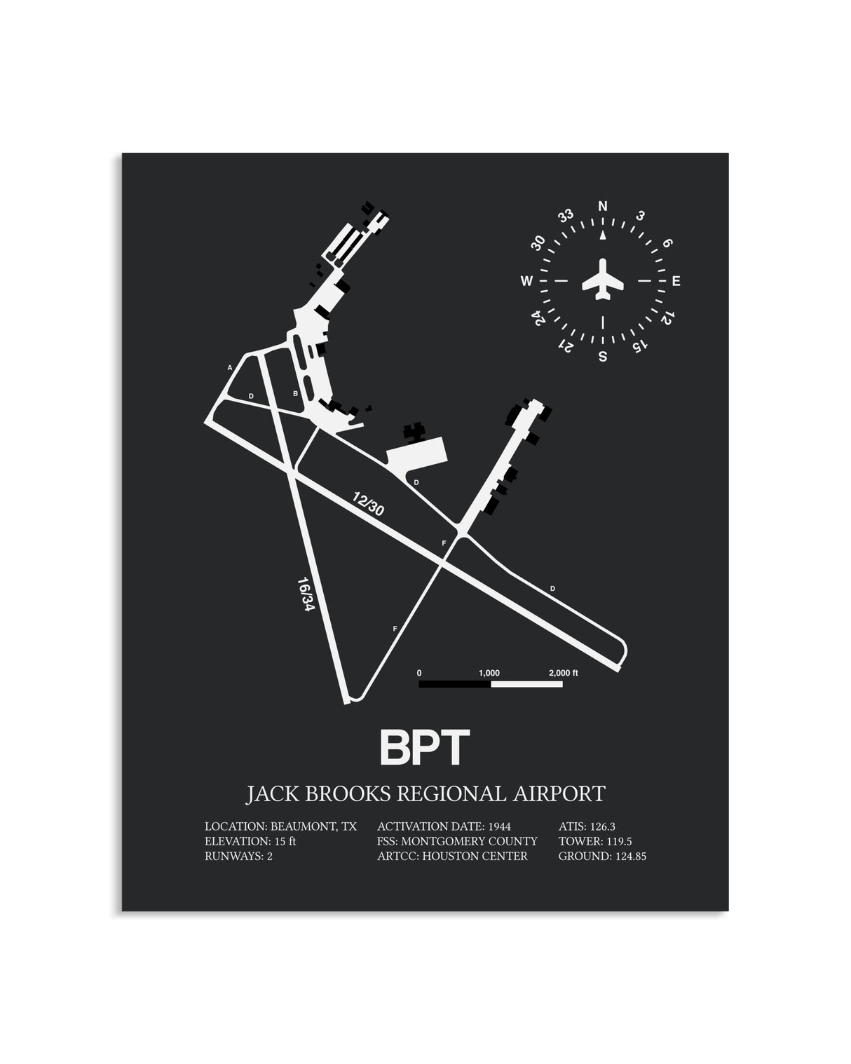 Gray Framed Jack Brooks Regional Airport layout wall art poster