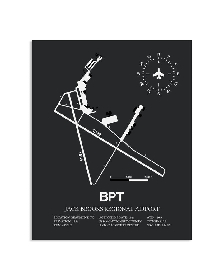 Gray Framed Jack Brooks Regional Airport layout wall art poster
