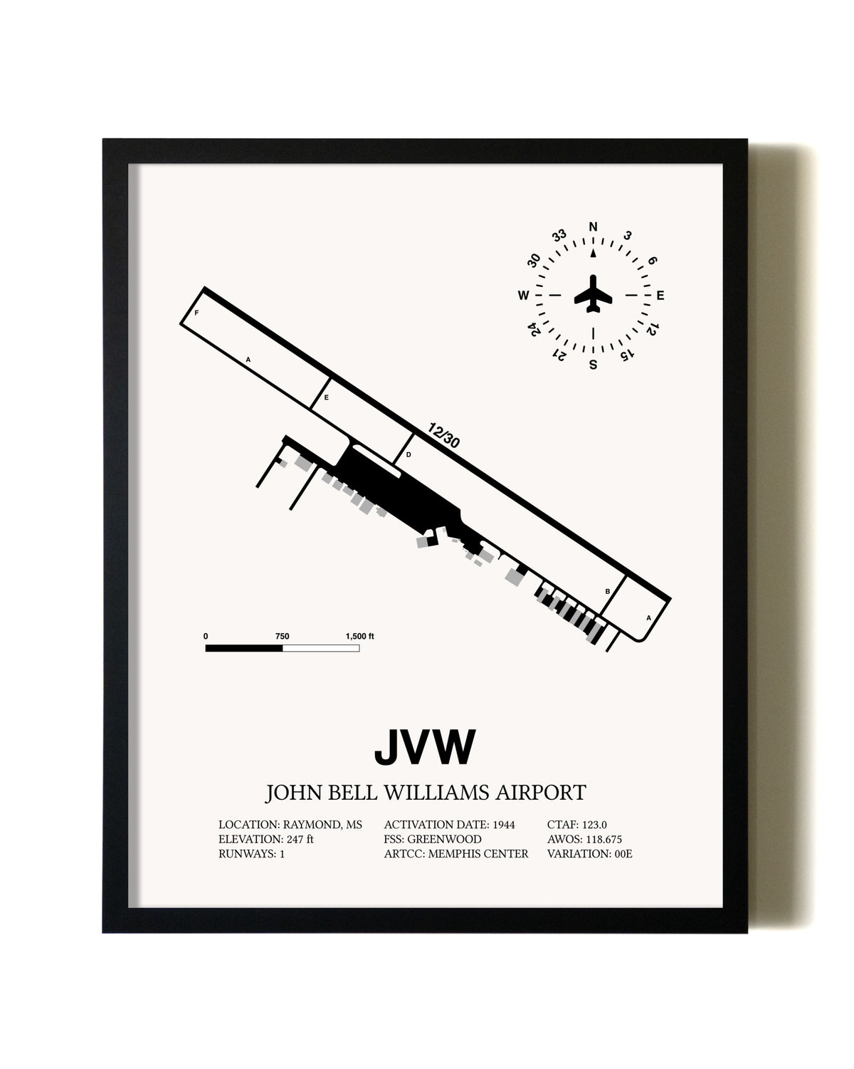 Framed John Bell Williams Airport wall art poster in black frame