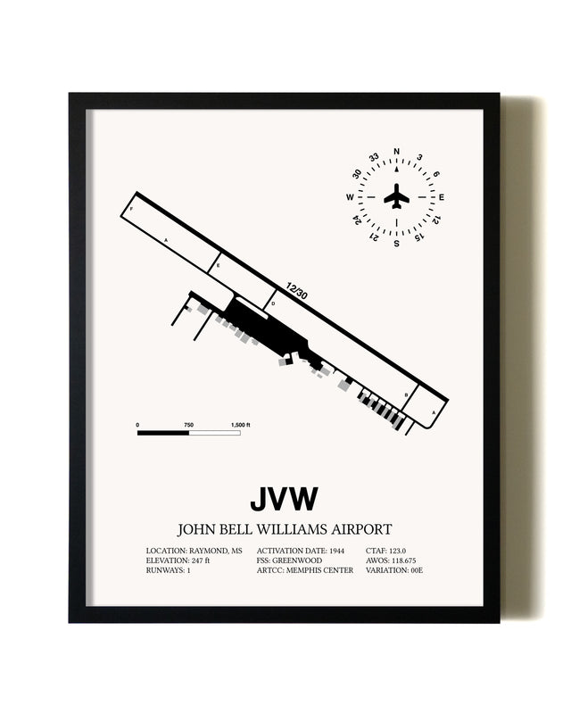 Framed John Bell Williams Airport wall art poster in black frame