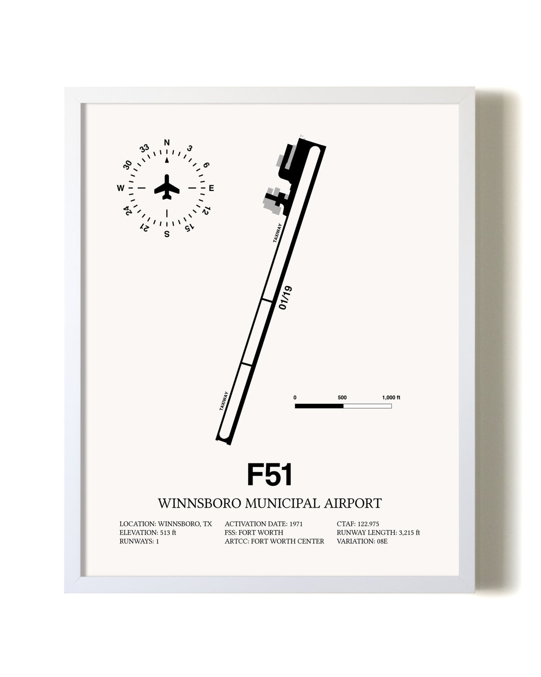 Winnsboro Municipal Airport airport map poster in oak frame