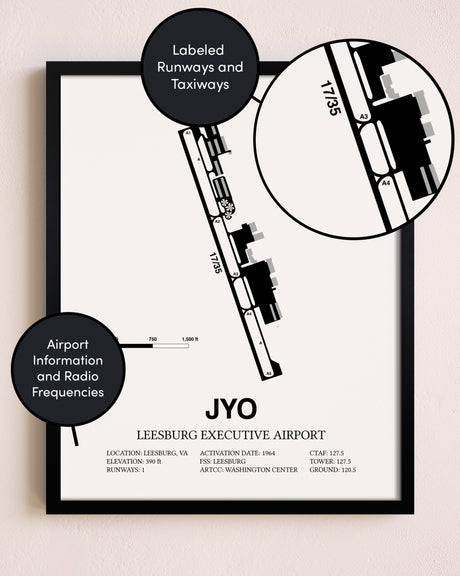 Framed Leesburg Executive Airport layout wall art poster