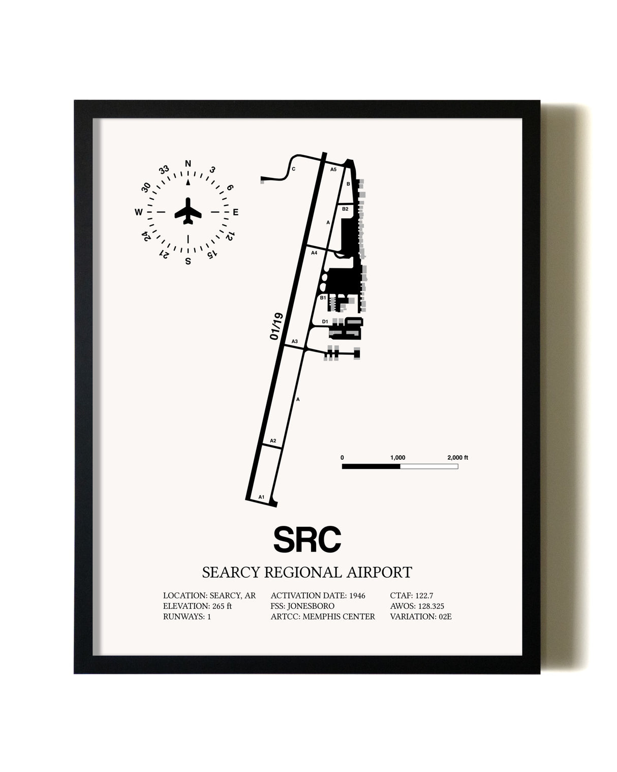 Framed Searcy Regional Airport wall art poster in black frame