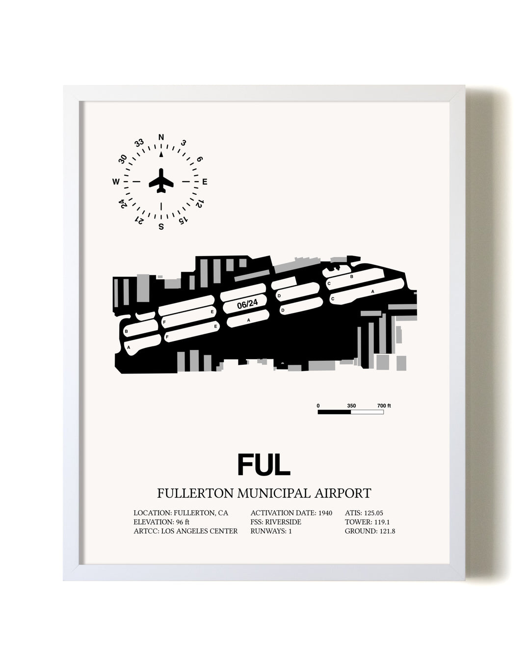 Fullerton Municipal Airport airport map poster in oak frame