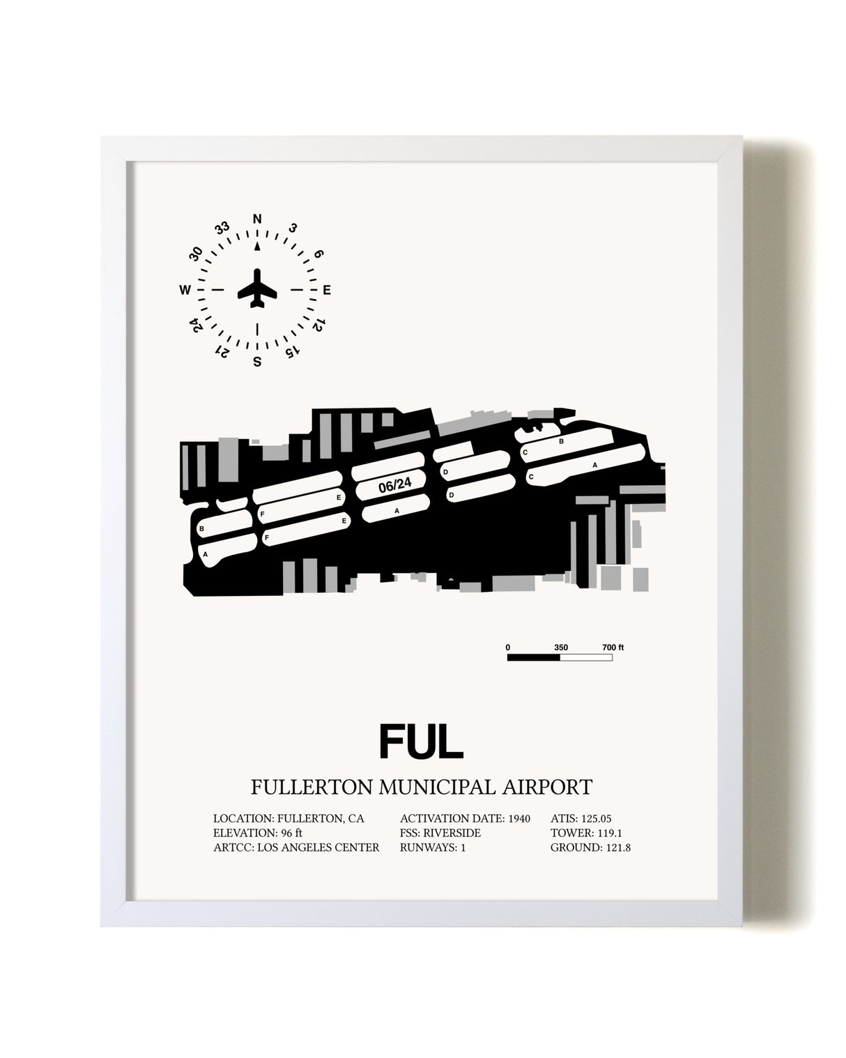 Fullerton Municipal Airport airport map poster in oak frame