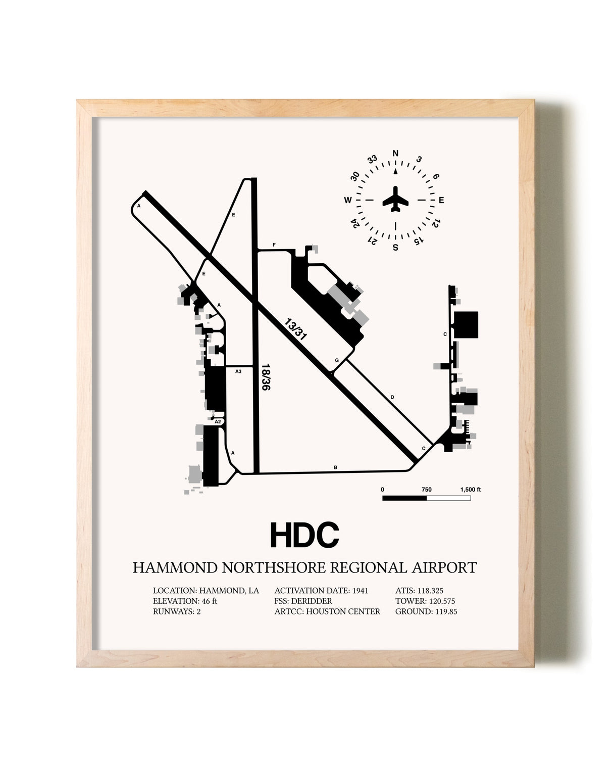 Hammond Northshore Regional Airport framed wall art in white frame