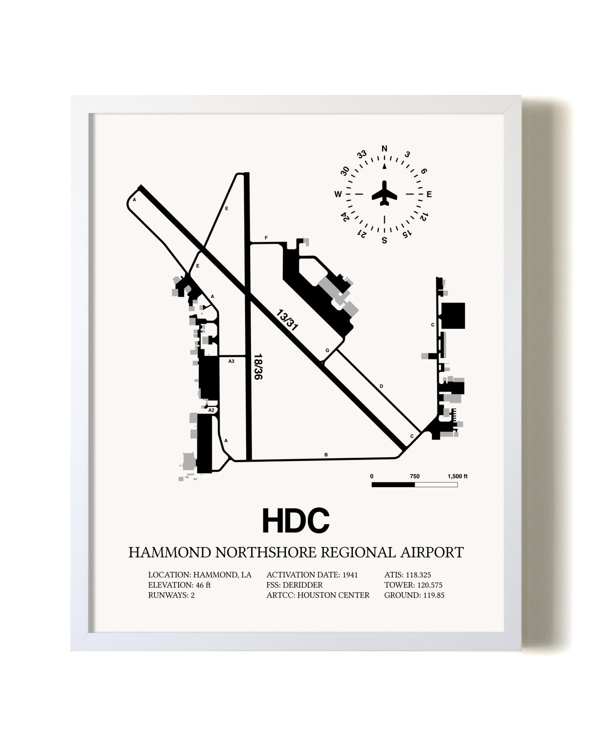 Hammond Northshore Regional Airport airport map poster in oak frame