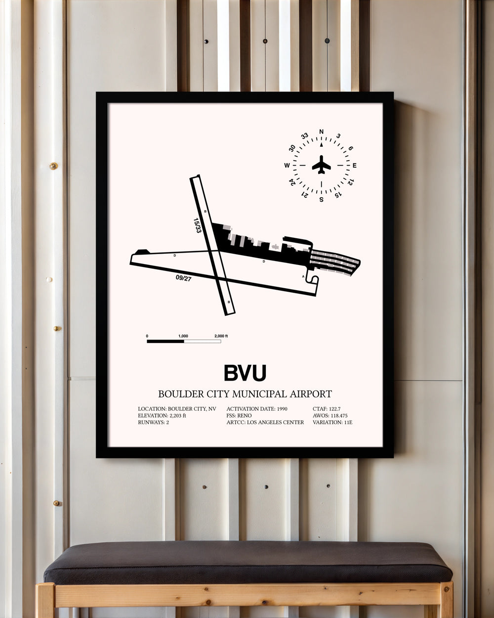Boulder City Municipal Airport framed poster displayed in an airplane hangar
