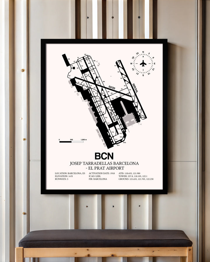 Josep Tarradellas Barcelona-El Prat Airport framed poster displayed in an airplane hangar
