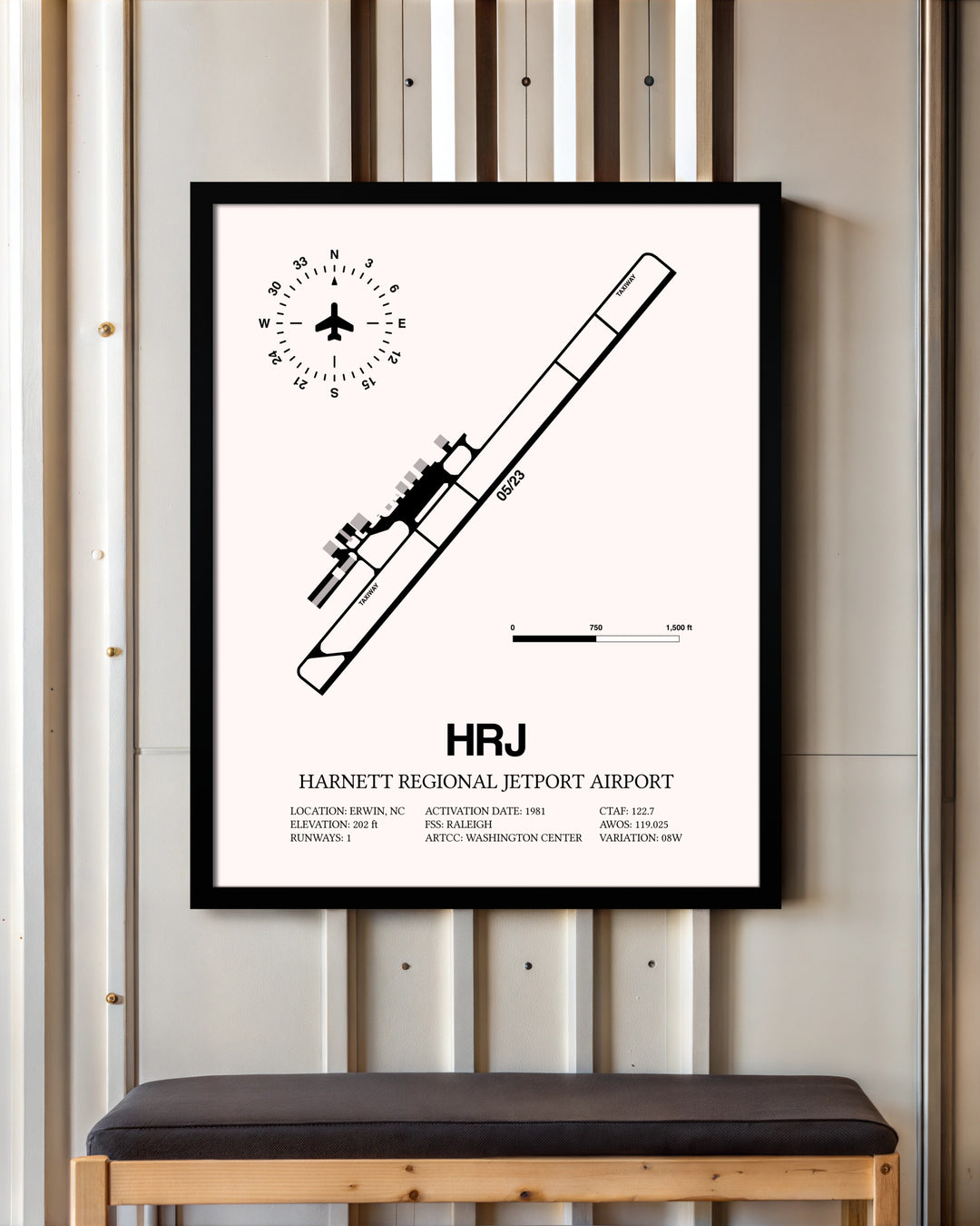 Harnett Regional Jetport Airport framed poster displayed in an airplane hangar
