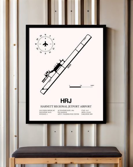 Harnett Regional Jetport Airport framed poster displayed in an airplane hangar
