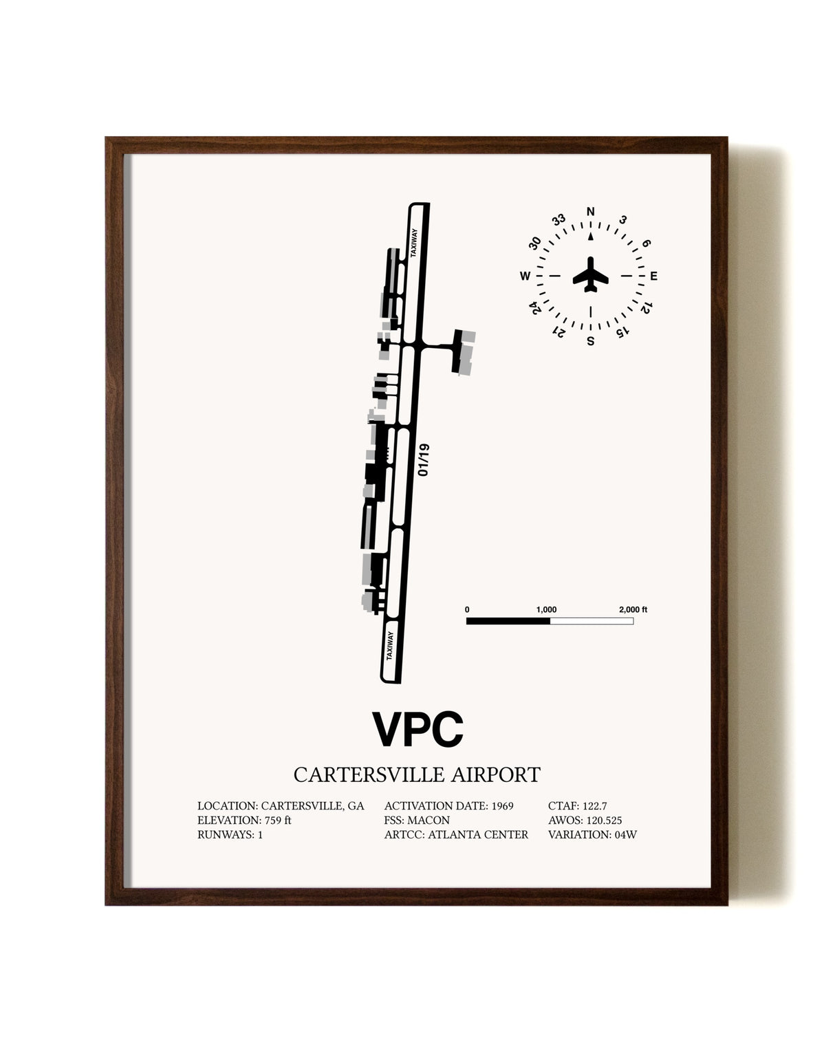 Cartersville Airport aviation print in walnut frame
