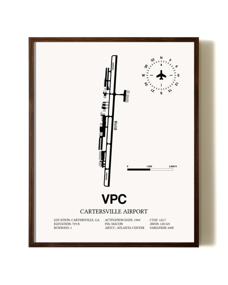 Cartersville Airport aviation print in walnut frame