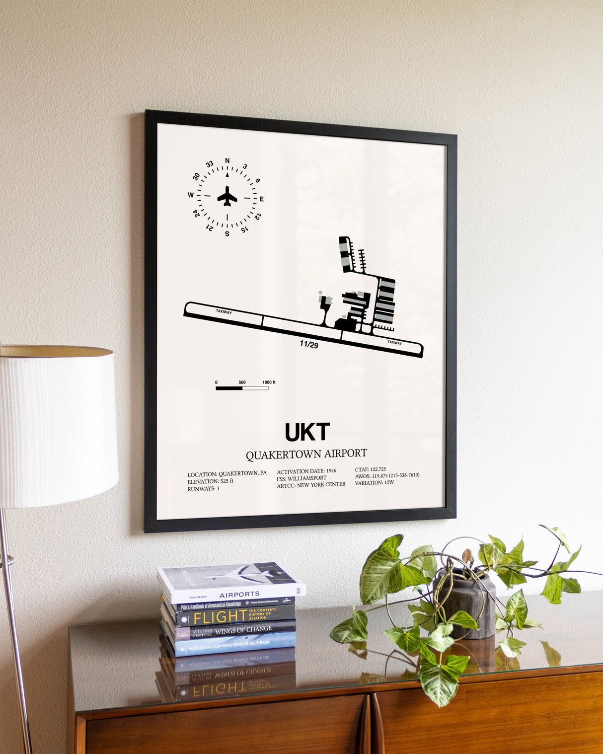 Quakertown Airport aviation wall décor in black wood frame