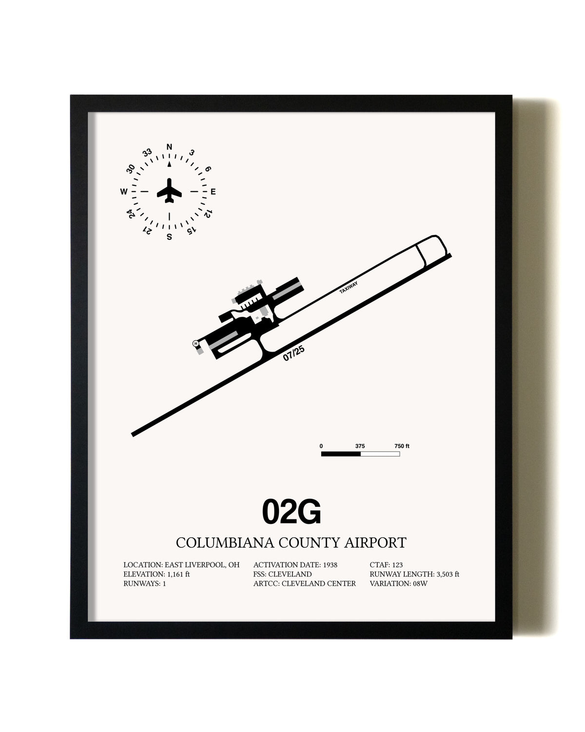 Framed Columbiana County Airport wall art poster in black frame
