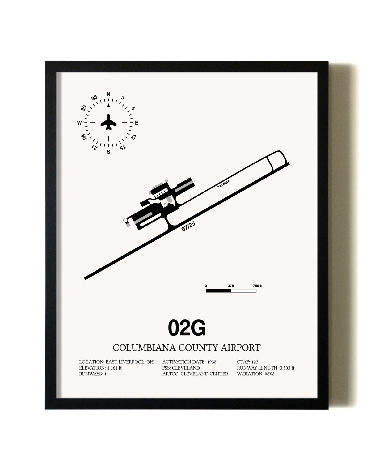 Framed Columbiana County Airport wall art poster in black frame