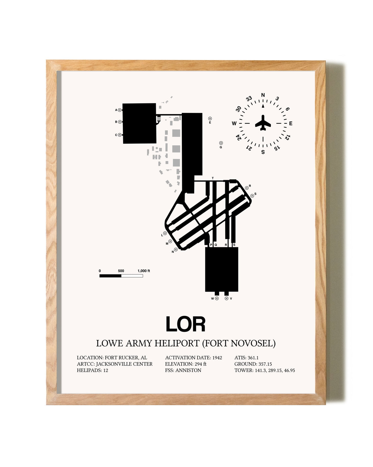 Lowe Army Heliport (Fort Novosel) framed print in natural wood frame