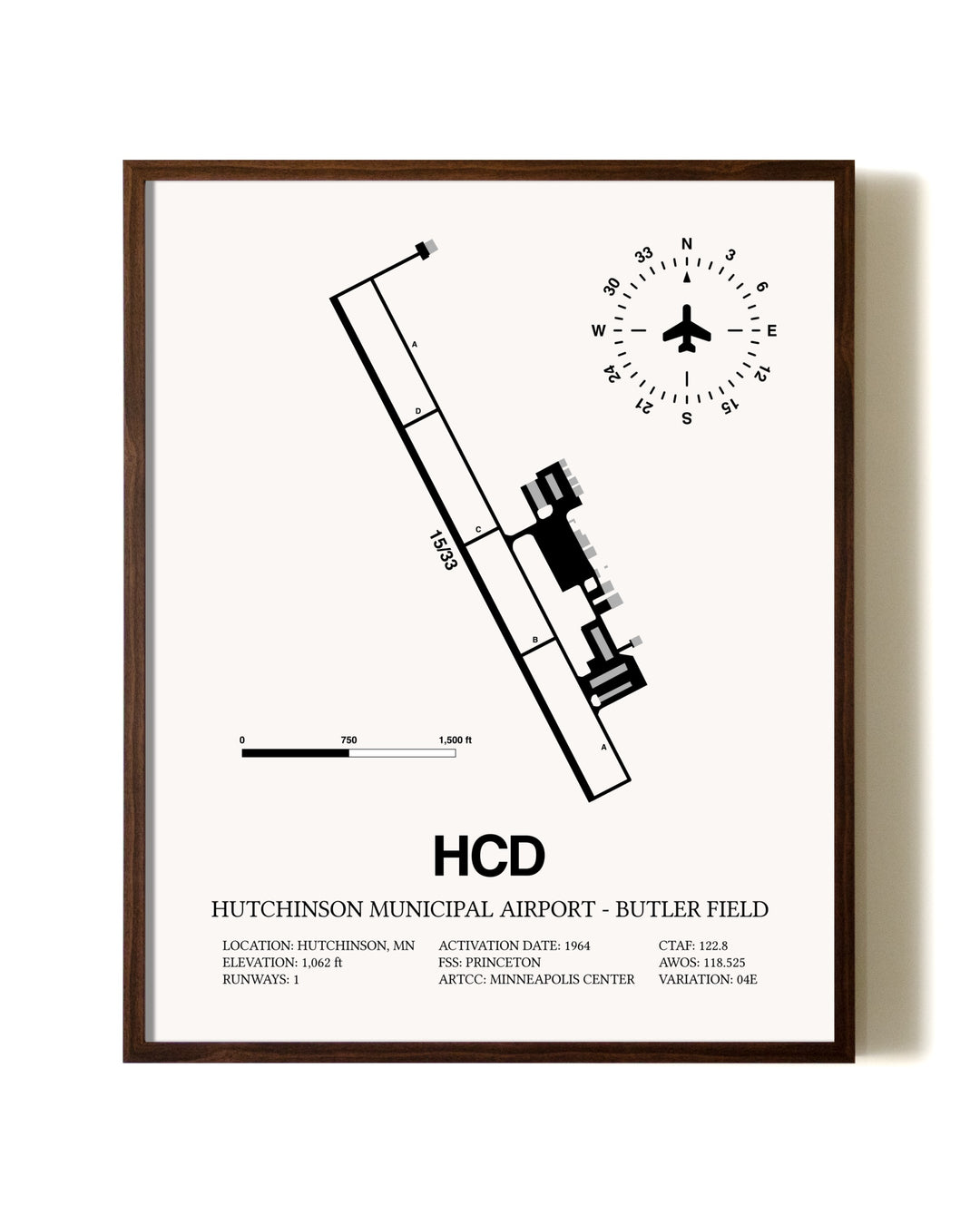 Hutchinson Municipal Airport-Butler Field aviation print in walnut frame