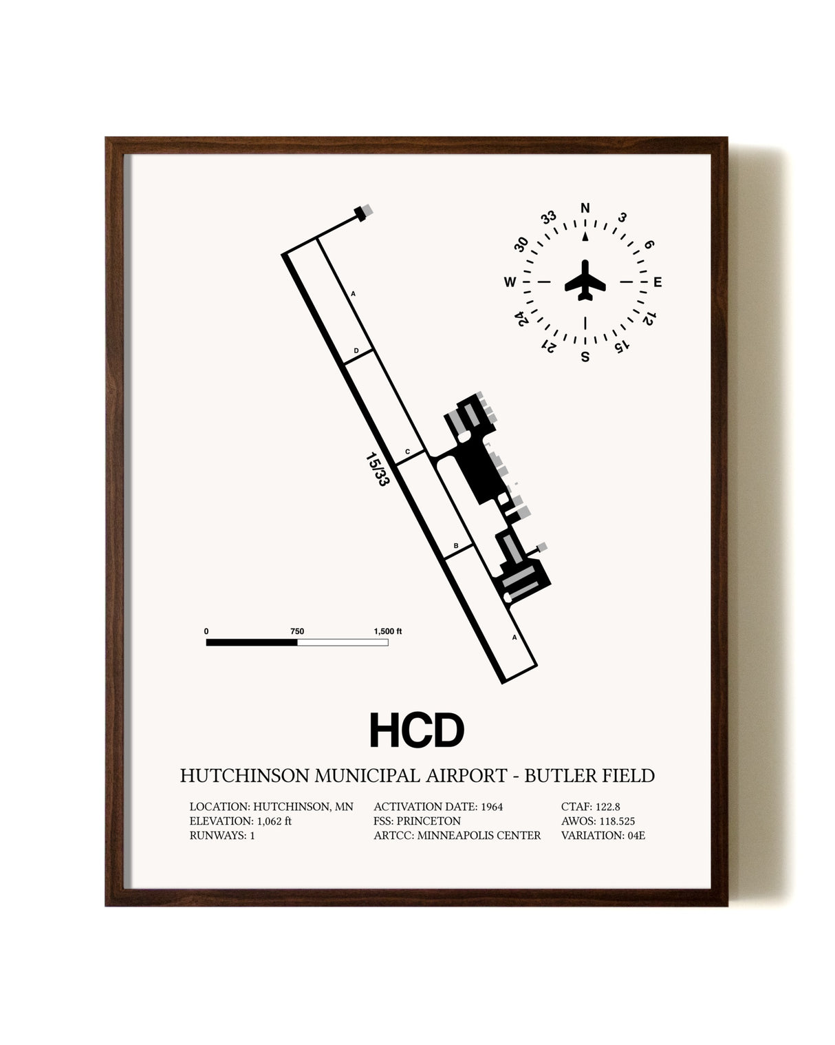 Hutchinson Municipal Airport-Butler Field aviation print in walnut frame