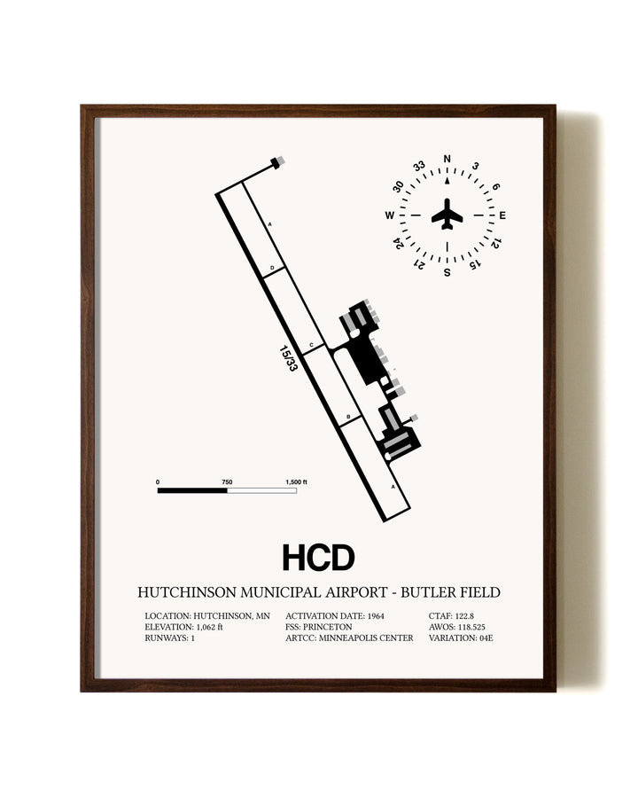Hutchinson Municipal Airport-Butler Field aviation print in walnut frame