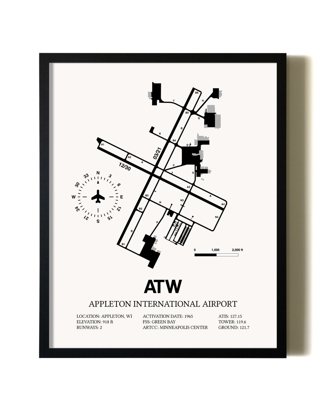 Framed Appleton International Airport wall art poster in black frame