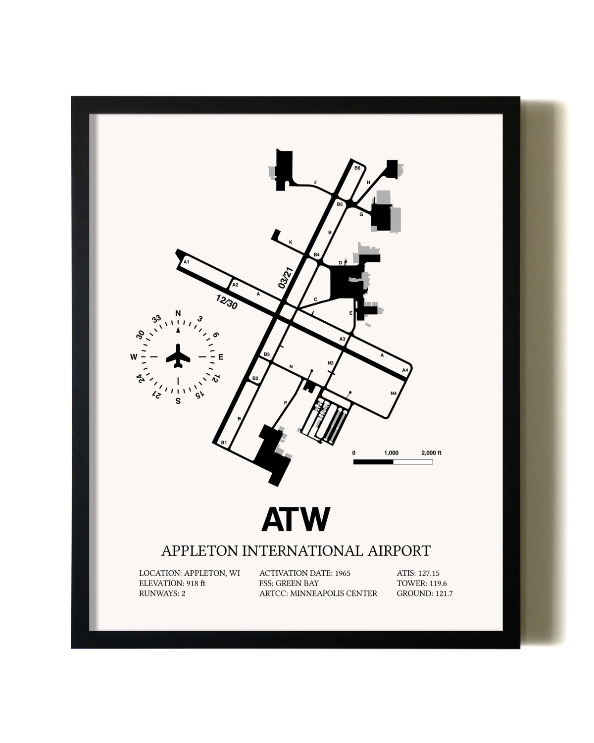 Framed Appleton International Airport wall art poster in black frame