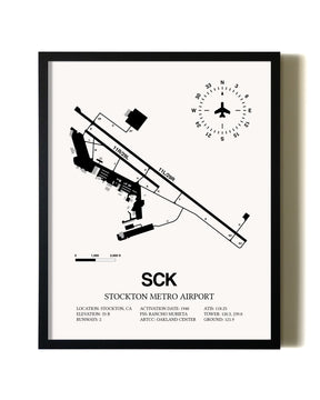 Framed Stockton Metro Airport wall art poster in black frame