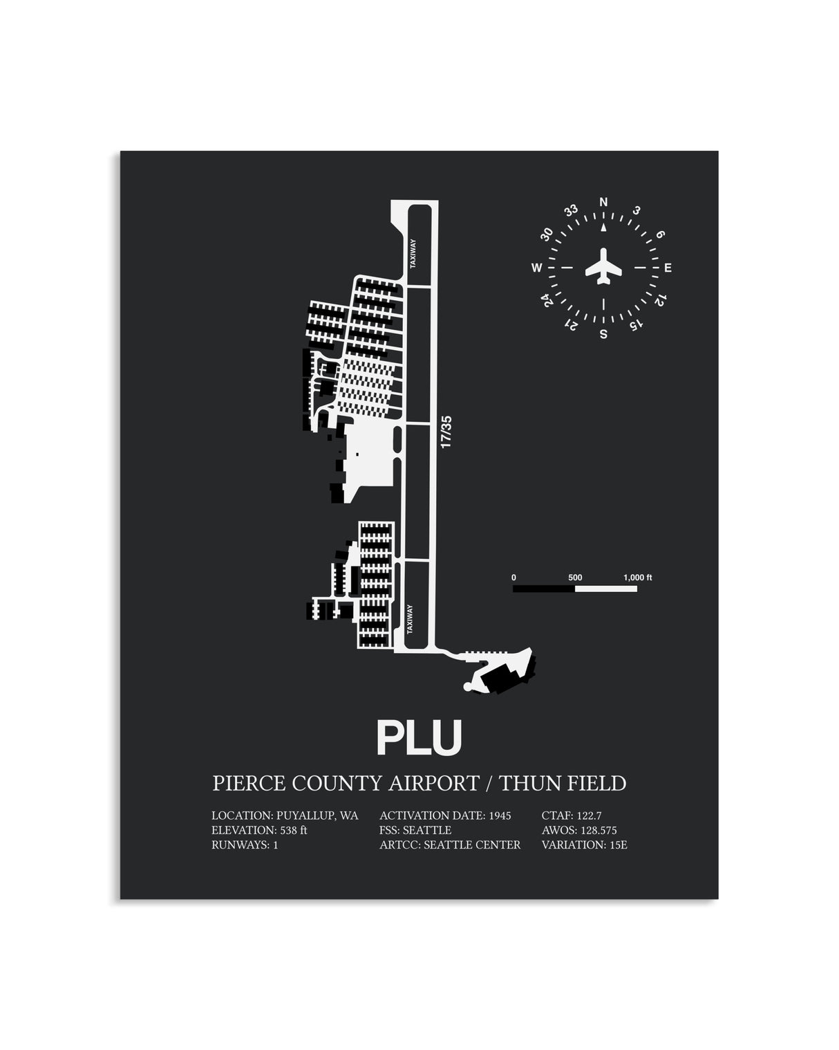 Gray Framed Pierce County Airport / Thun Field layout wall art poster