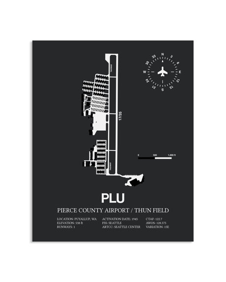 Gray Framed Pierce County Airport / Thun Field layout wall art poster