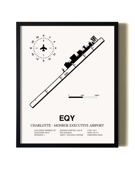 Framed Charlotte-Monroe Executive Airport wall art poster in black frame