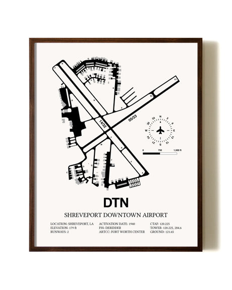 Shreveport Downtown Airport aviation print in walnut frame