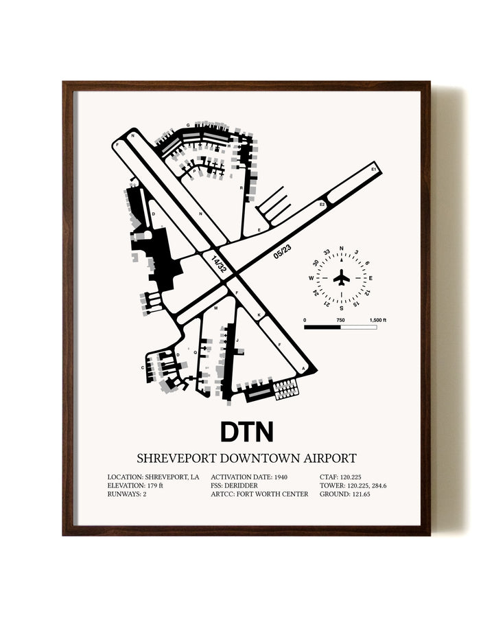 Shreveport Downtown Airport aviation print in walnut frame