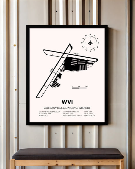 Watsonville Municipal Airport framed poster displayed in an airplane hangar