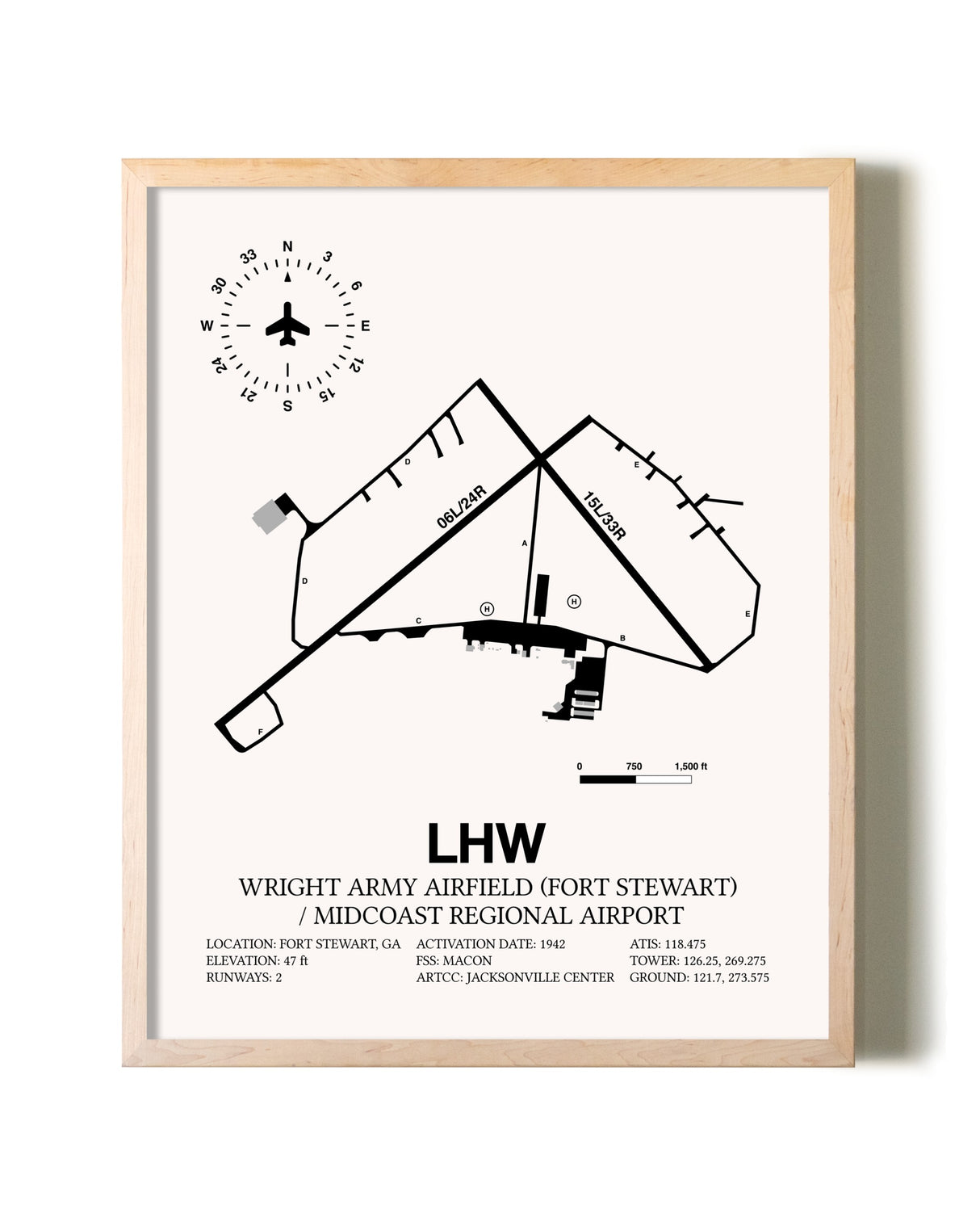 Wright Army Airfield (Fort Stewart) / Midcoast Regional Airport framed wall art in white frame