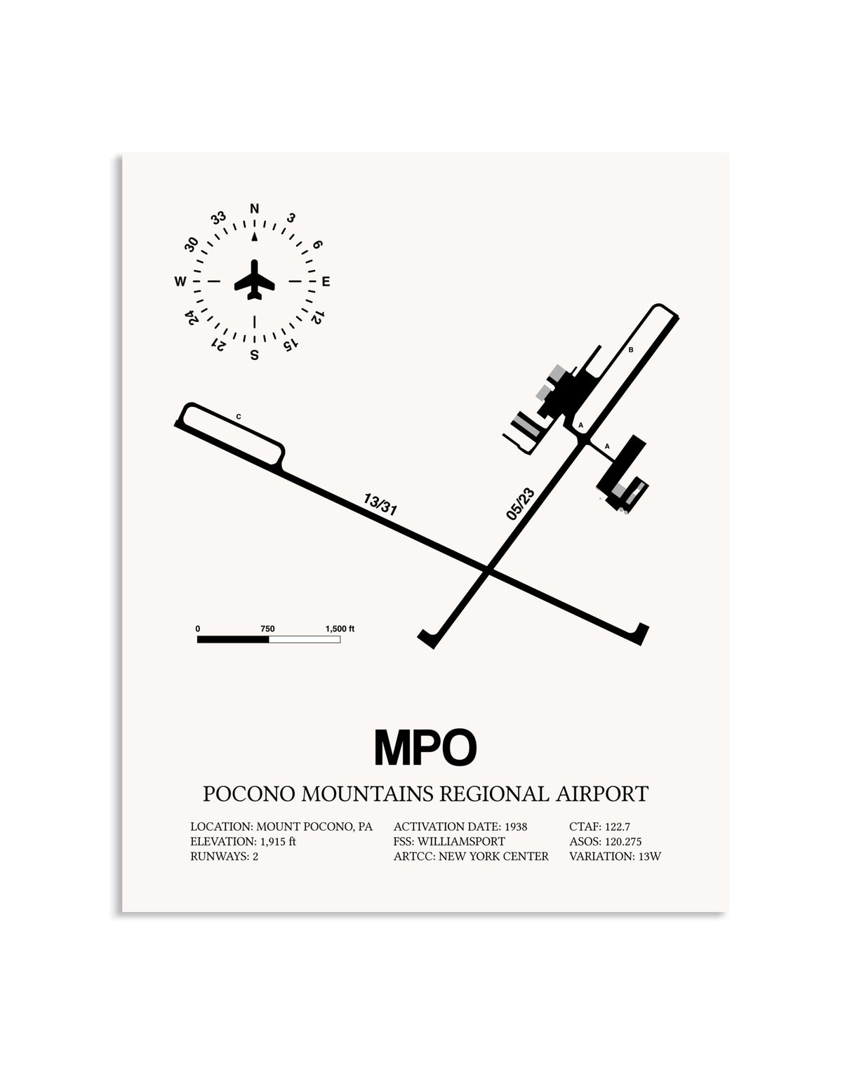 Gray Pocono Mountains Regional Airport framed poster displayed in an airplane hangar