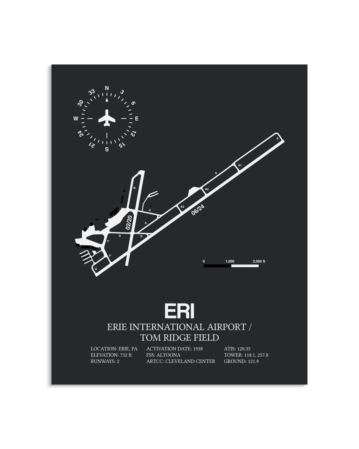 Gray Framed Erie International Airport / Tom Ridge Field layout wall art poster