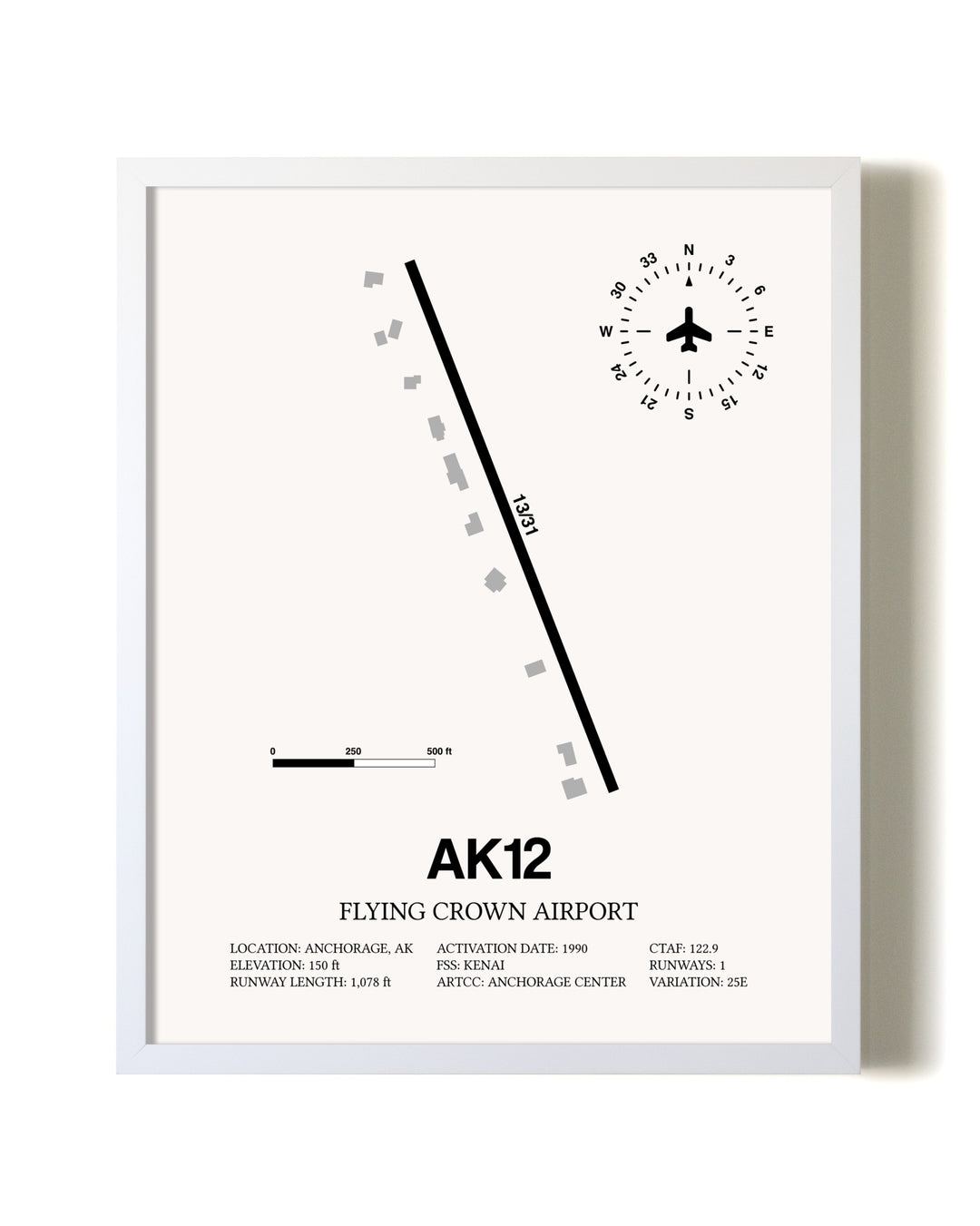 Flying Crown Airport airport map poster in oak frame