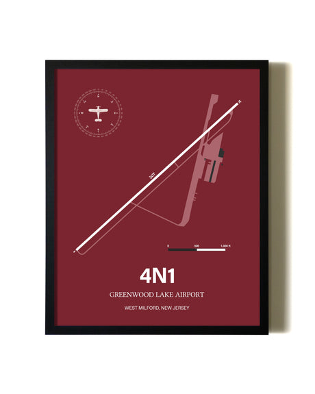 Red Framed Greenwood Lake Airport wall art poster in black frame