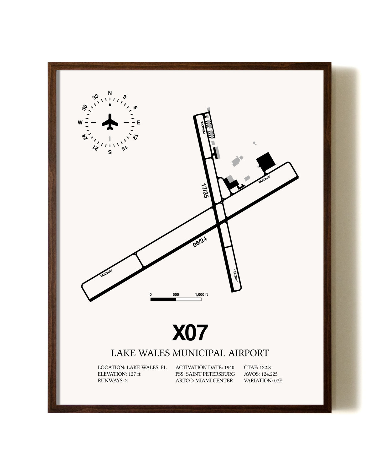 Lake Wales Municipal Airport aviation print in walnut frame