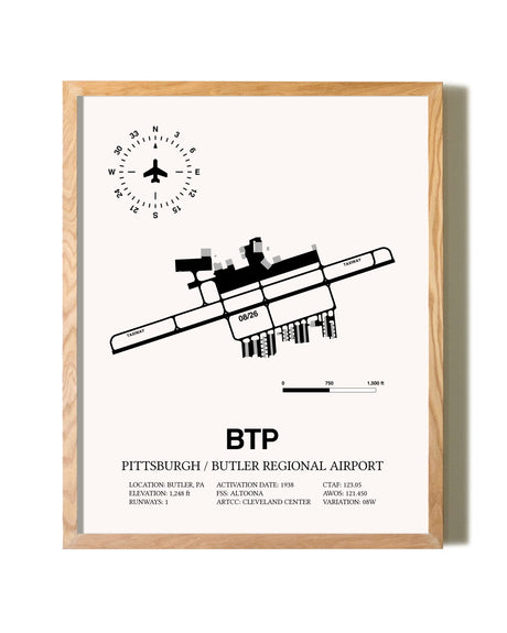 Pittsburgh / Butler Regional Airport framed print in natural wood frame