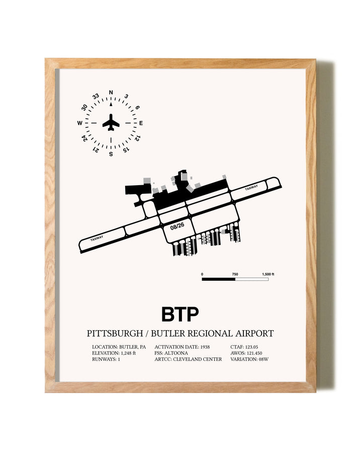 Pittsburgh / Butler Regional Airport framed print in natural wood frame