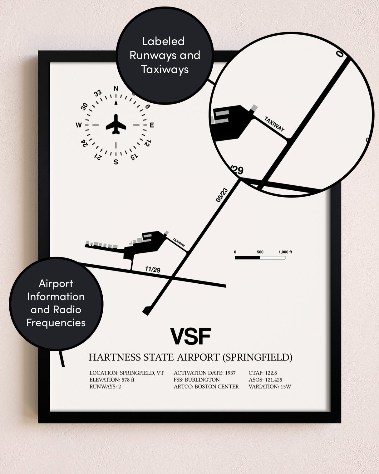 Framed Hartness State Airport (Springfield) layout wall art poster