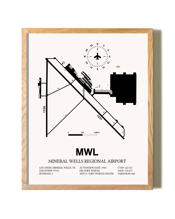 Mineral Wells Regional Airport framed print in natural wood frame