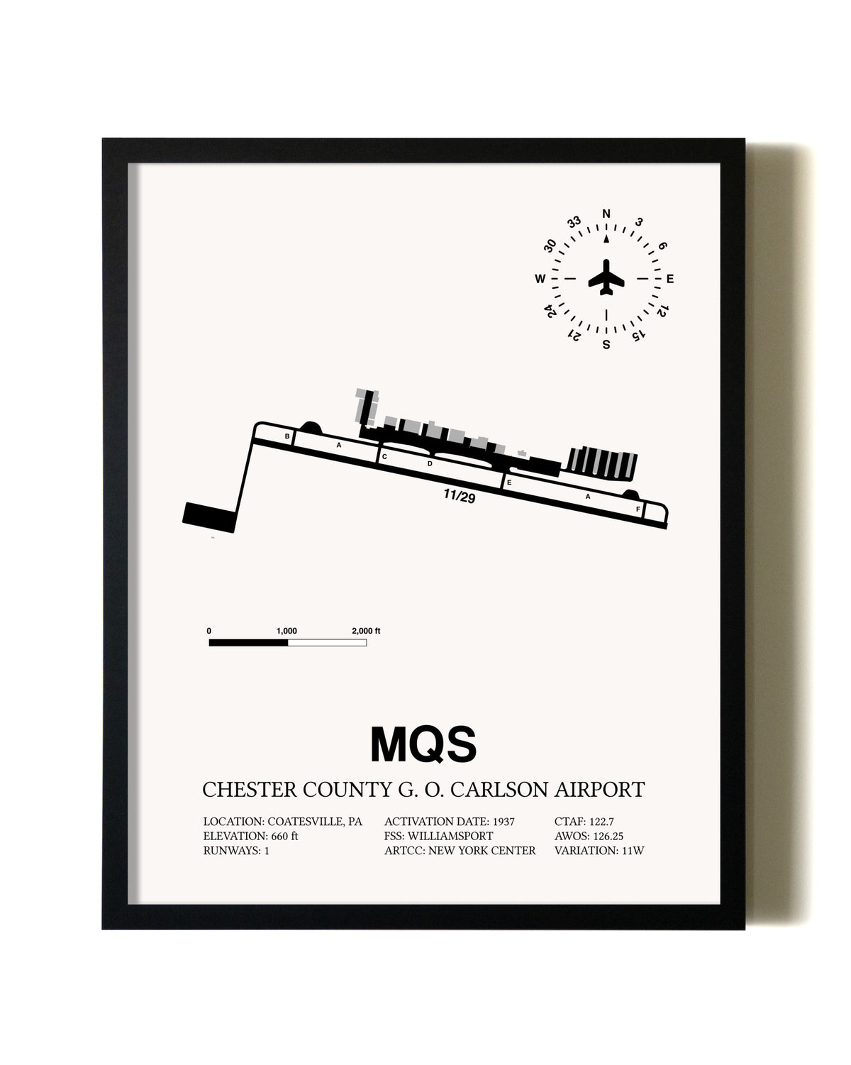 Framed Chester County G. O. Carlson Airport wall art poster in black frame