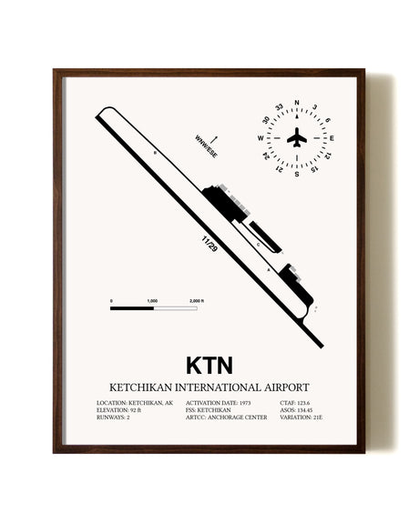 Ketchikan International Airport aviation print in walnut frame