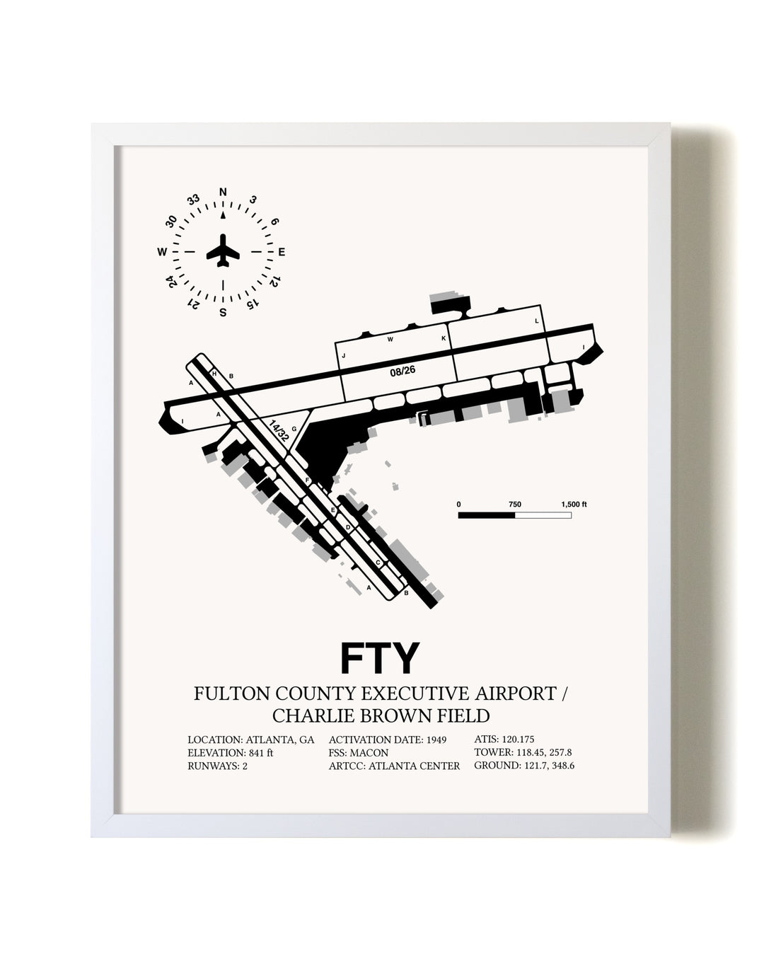 Fulton County Executive Airport / Charlie Brown Field airport map poster in oak frame