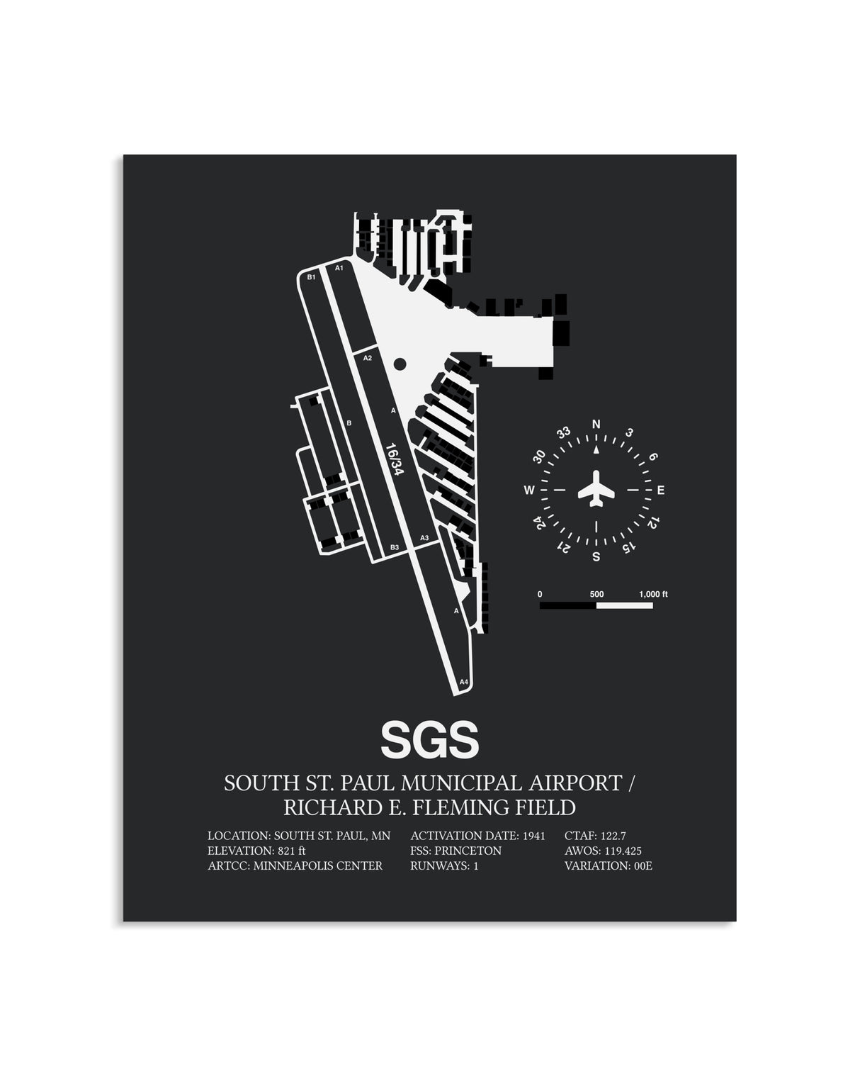Gray Framed South St. Paul Municipal Airport / Richard E. Fleming Field layout wall art poster