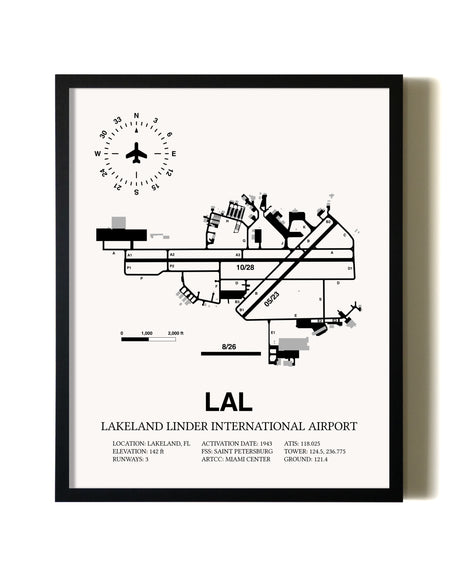 Framed Lakeland Linder International Airport wall art poster in black frame